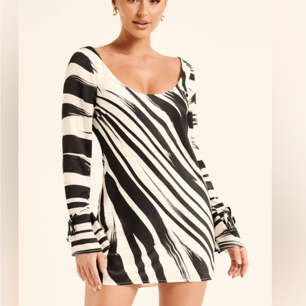 Meshki Black and White Bodycon Mini Dress with Bishop Sleeves